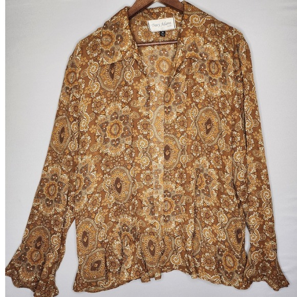Tracy Adams‎ Evening Open Front Sheer Cardigan blouse Size 16 Brown Paisley - Picture 1 of 7